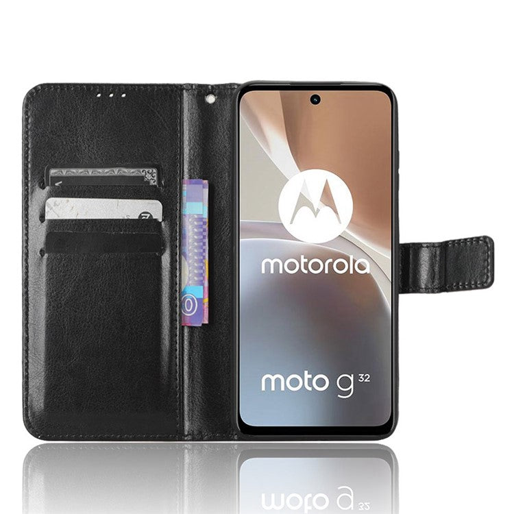 Crazy Horse Texture PU Leather Case for Motorola Moto G32 4G, Full Protection Phone Stand Wallet Cover - Black