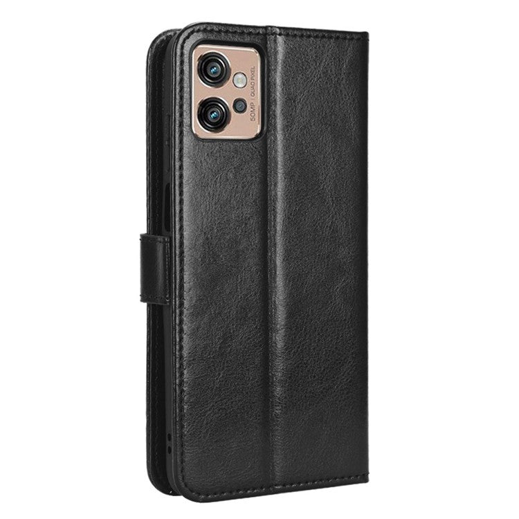 Crazy Horse Texture PU Leather Case for Motorola Moto G32 4G, Full Protection Phone Stand Wallet Cover - Black