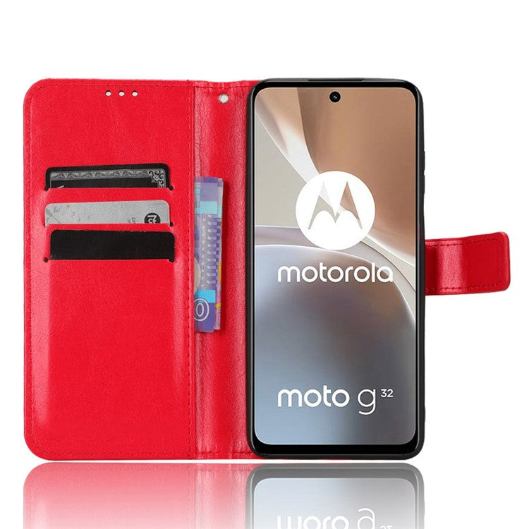 Crazy Horse Texture PU Leather Case for Motorola Moto G32 4G, Full Protection Phone Stand Wallet Cover - Red