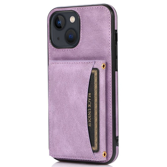 For iPhone 14 Plus Leather Coated TPU Phone Shell Foldable Wallet Feature Mobile Phone Cover - Purple