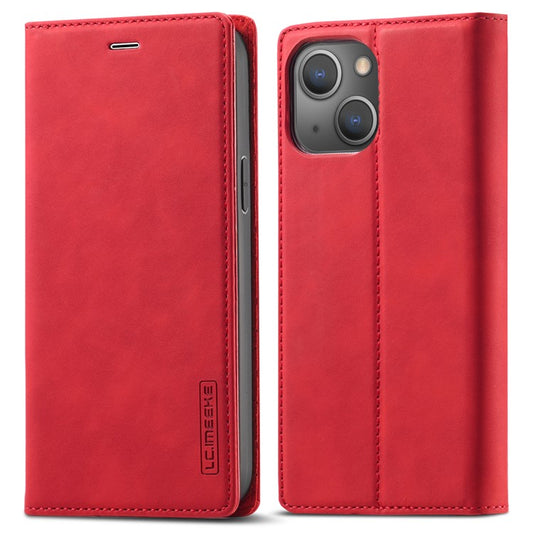 LC.IMEEKE For iPhone 14 6.1 inch PU Leather Stand Flip Folio Cover Magnetic Absorption Wallet Phone Case - Red