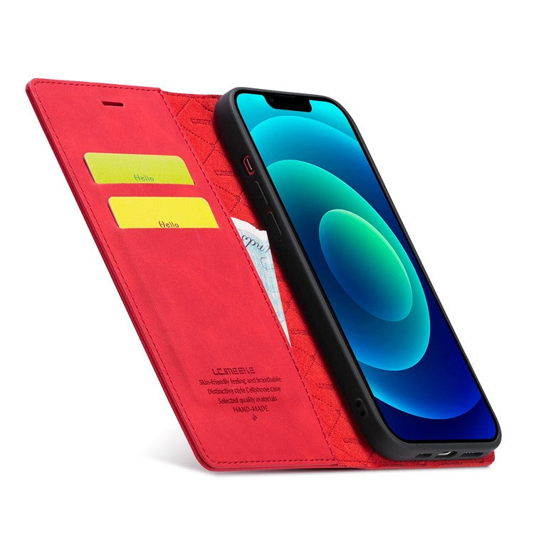 LC.IMEEKE For iPhone 14 6.1 inch PU Leather Stand Flip Folio Cover Magnetic Absorption Wallet Phone Case - Red