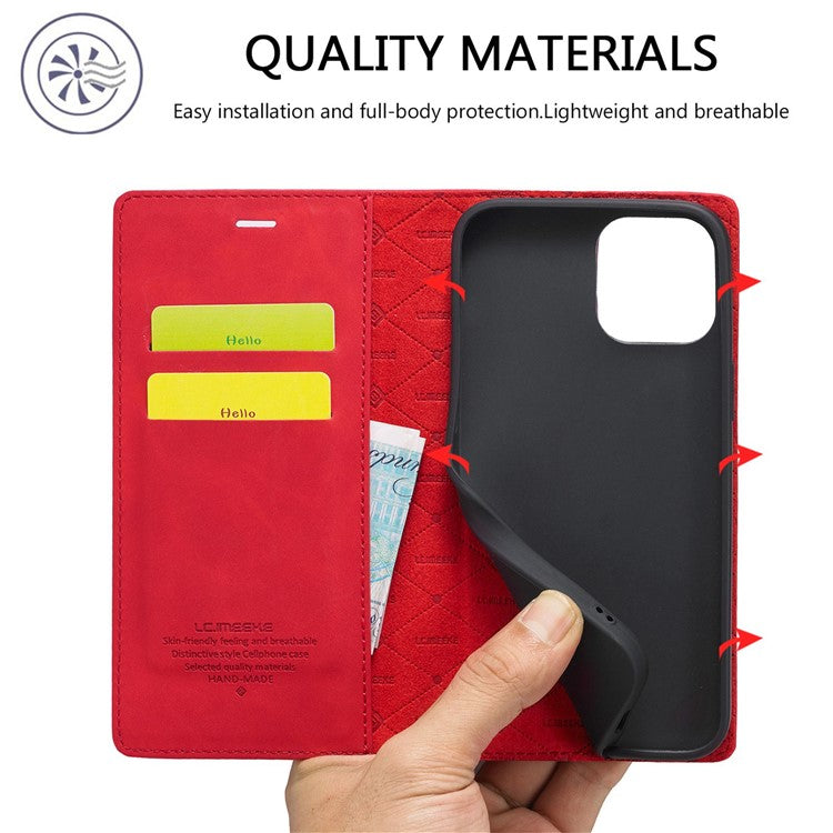 LC.IMEEKE For iPhone 14 6.1 inch PU Leather Stand Flip Folio Cover Magnetic Absorption Wallet Phone Case - Red