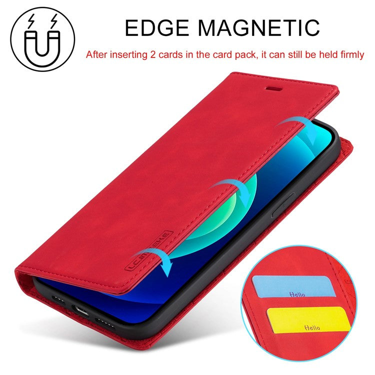 LC.IMEEKE For iPhone 14 6.1 inch PU Leather Stand Flip Folio Cover Magnetic Absorption Wallet Phone Case - Red