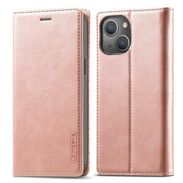 LC.IMEEKE For iPhone 14 Plus PU Leather Wallet Folio Flip Case Magnetic Auto-absorbed Stand Cover - Rose Gold