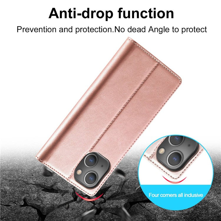 LC.IMEEKE For iPhone 14 Plus PU Leather Wallet Folio Flip Case Magnetic Auto-absorbed Stand Cover - Rose Gold