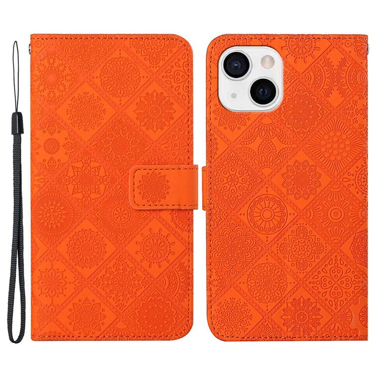 For iPhone 14 Plus Ethnic Style Flower Imprinted PU Leather Flip Wallet Case Stand  Bookstyle Magnetic Protective Cover with Strap - Orange