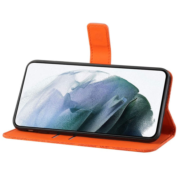 For iPhone 14 Plus Ethnic Style Flower Imprinted PU Leather Flip Wallet Case Stand  Bookstyle Magnetic Protective Cover with Strap - Orange