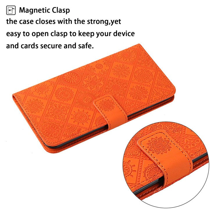 For iPhone 14 Plus Ethnic Style Flower Imprinted PU Leather Flip Wallet Case Stand  Bookstyle Magnetic Protective Cover with Strap - Orange