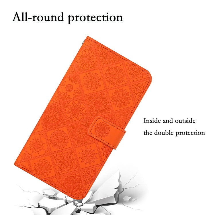 For iPhone 14 Plus Ethnic Style Flower Imprinted PU Leather Flip Wallet Case Stand  Bookstyle Magnetic Protective Cover with Strap - Orange