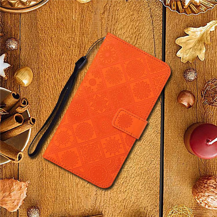 For iPhone 14 Plus Ethnic Style Flower Imprinted PU Leather Flip Wallet Case Stand  Bookstyle Magnetic Protective Cover with Strap - Orange