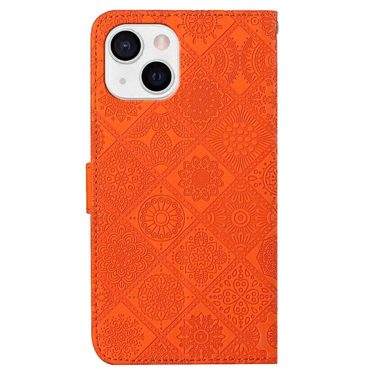 For iPhone 14 Plus Ethnic Style Flower Imprinted PU Leather Flip Wallet Case Stand  Bookstyle Magnetic Protective Cover with Strap - Orange