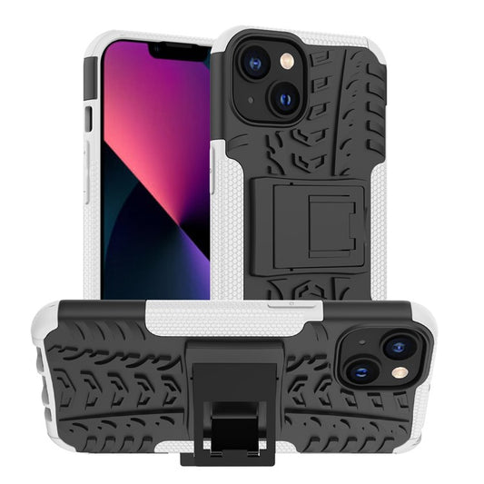 For iPhone 14 6.1 inch Tyre Pattern Anti-slip Phone Case Hard PC Soft TPU Dual Layer Shockproof Protective Cover with Kickstand - White