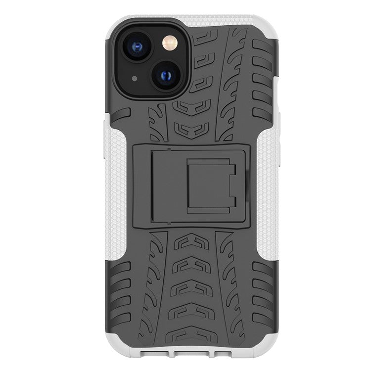 For iPhone 14 6.1 inch Tyre Pattern Anti-slip Phone Case Hard PC Soft TPU Dual Layer Shockproof Protective Cover with Kickstand - White
