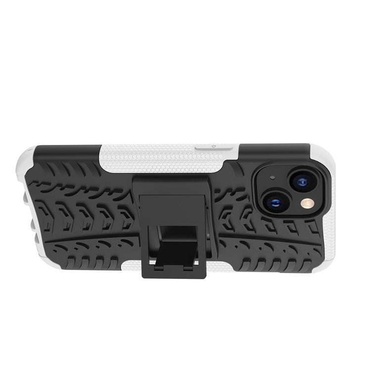 For iPhone 14 6.1 inch Tyre Pattern Anti-slip Phone Case Hard PC Soft TPU Dual Layer Shockproof Protective Cover with Kickstand - White