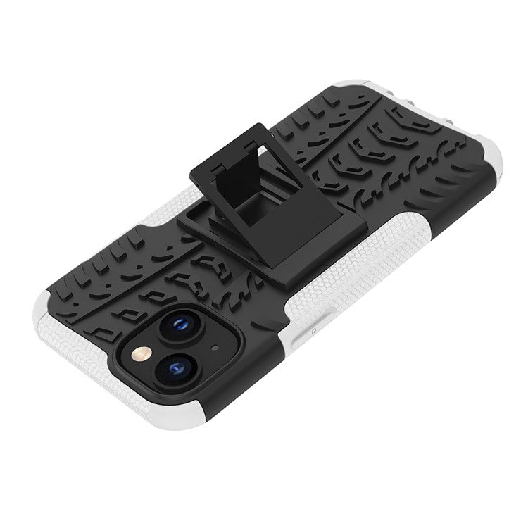 For iPhone 14 6.1 inch Tyre Pattern Anti-slip Phone Case Hard PC Soft TPU Dual Layer Shockproof Protective Cover with Kickstand - White