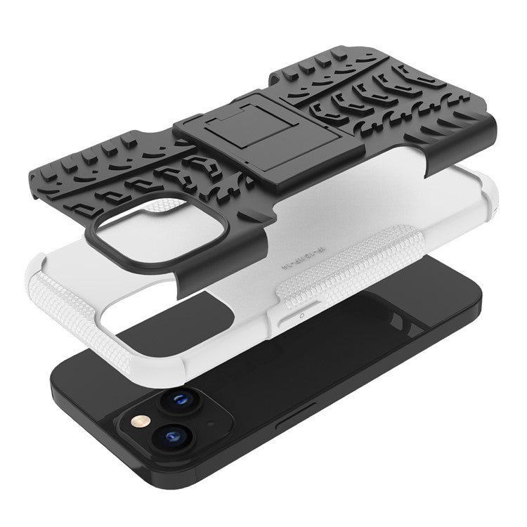 For iPhone 14 6.1 inch Tyre Pattern Anti-slip Phone Case Hard PC Soft TPU Dual Layer Shockproof Protective Cover with Kickstand - White