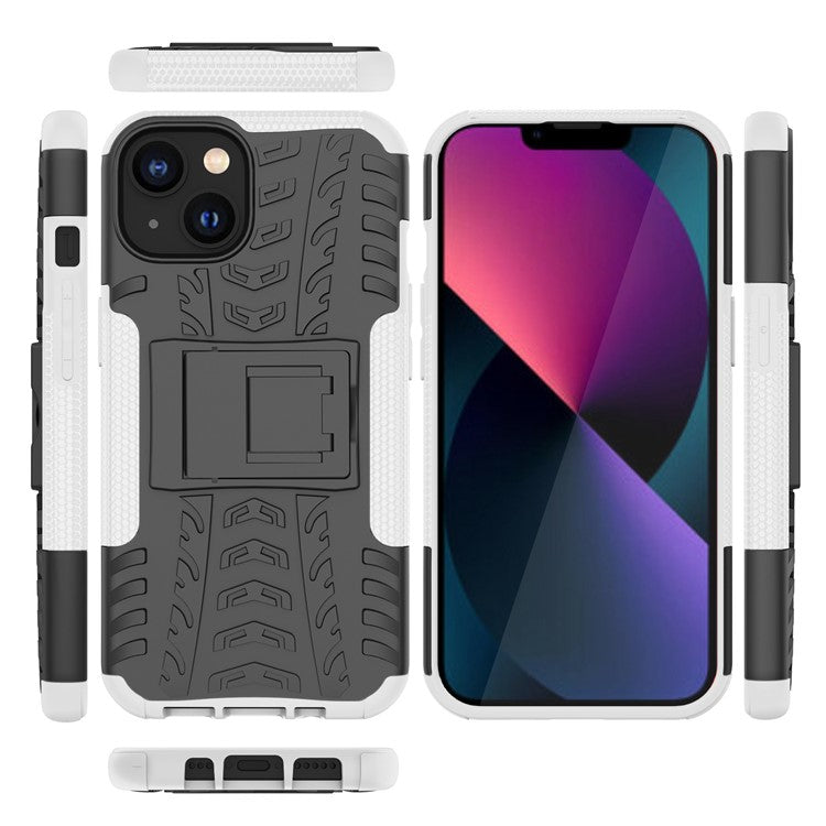 For iPhone 14 6.1 inch Tyre Pattern Anti-slip Phone Case Hard PC Soft TPU Dual Layer Shockproof Protective Cover with Kickstand - White