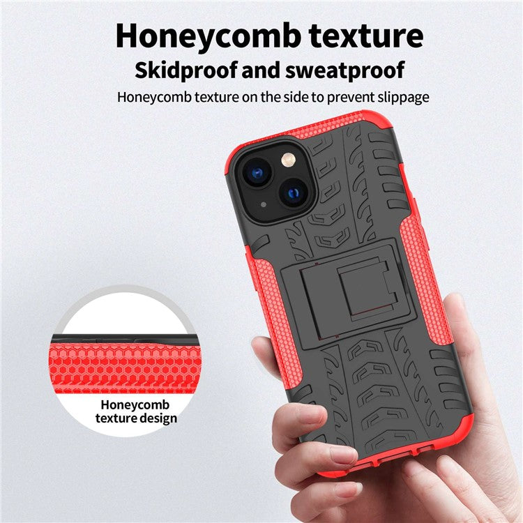 For iPhone 14 6.1 inch Tyre Pattern Anti-slip Phone Case Hard PC Soft TPU Dual Layer Shockproof Protective Cover with Kickstand - White
