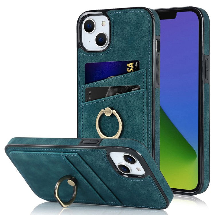 For iPhone 14 Plus Retro Phone Case Leather Coated TPU Metal Finger Ring Kickstand Design Shell with Card Slots - Green