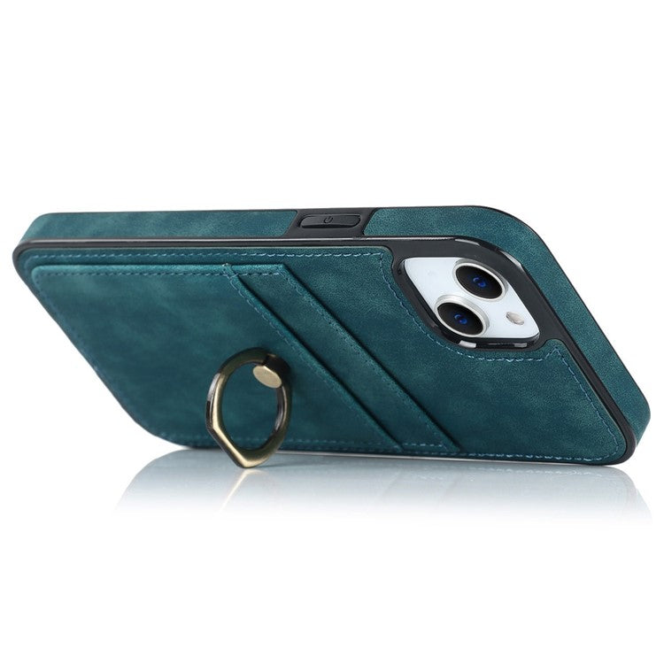 For iPhone 14 Plus Retro Phone Case Leather Coated TPU Metal Finger Ring Kickstand Design Shell with Card Slots - Green