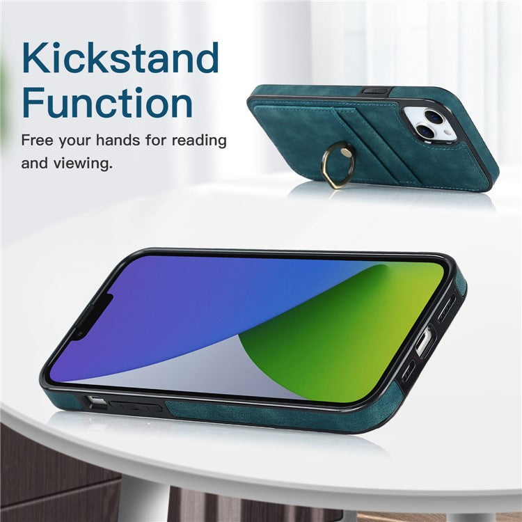 For iPhone 14 Plus Retro Phone Case Leather Coated TPU Metal Finger Ring Kickstand Design Shell with Card Slots - Green