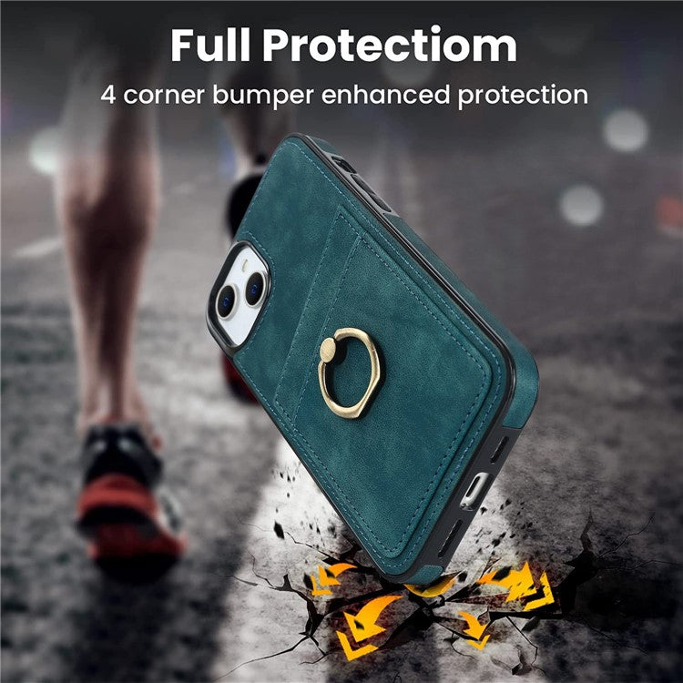 For iPhone 14 Plus Retro Phone Case Leather Coated TPU Metal Finger Ring Kickstand Design Shell with Card Slots - Green