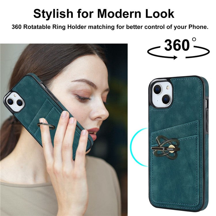 For iPhone 14 Plus Retro Phone Case Leather Coated TPU Metal Finger Ring Kickstand Design Shell with Card Slots - Green