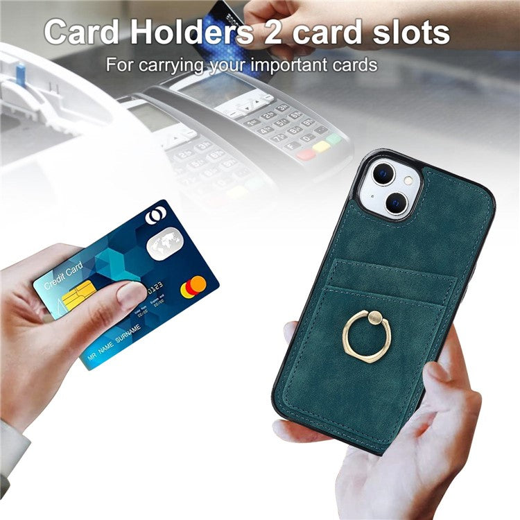 For iPhone 14 Plus Retro Phone Case Leather Coated TPU Metal Finger Ring Kickstand Design Shell with Card Slots - Green