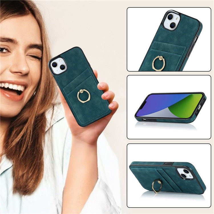 For iPhone 14 Plus Retro Phone Case Leather Coated TPU Metal Finger Ring Kickstand Design Shell with Card Slots - Green