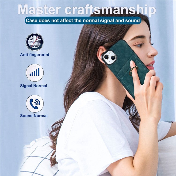 For iPhone 14 Plus Retro Phone Case Leather Coated TPU Metal Finger Ring Kickstand Design Shell with Card Slots - Green
