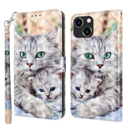 For iPhone 14 Plus 3D Pattern Printing Phone Case Wallet Stand PU Leather Anti-scratch Phone Cover - Two Cats