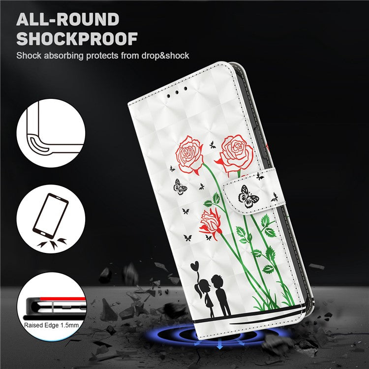 Anti-drop Phone Case For iPhone 14 Pro 6.1 inch 3D Pattern Printing PU Leather Phone Shell Flip Wallet Stand Cover - Couple Roses