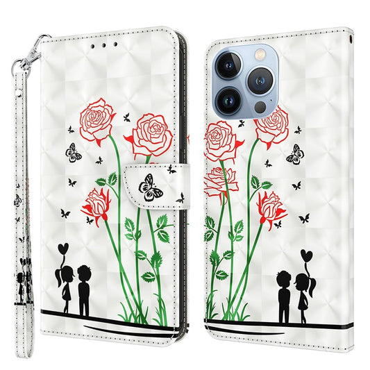 3D Pattern Printing Phone Case For iPhone 14 Pro Max 6.7 inch, Flip Wallet Stand Drop-proof PU Leather Phone Cover - Couple Roses