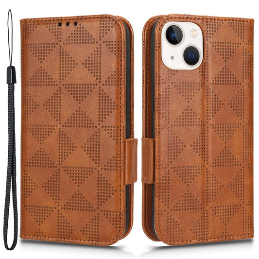 For iPhone 14 6.1 inch Triangle Pattern Imprinted Case, Wallet Viewing Stand Design Book Style PU Leather Phone Cover with Strap - Brown