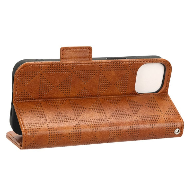 For iPhone 14 6.1 inch Triangle Pattern Imprinted Case, Wallet Viewing Stand Design Book Style PU Leather Phone Cover with Strap - Brown