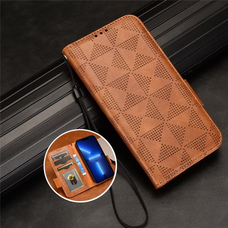 For iPhone 14 6.1 inch Triangle Pattern Imprinted Case, Wallet Viewing Stand Design Book Style PU Leather Phone Cover with Strap - Brown