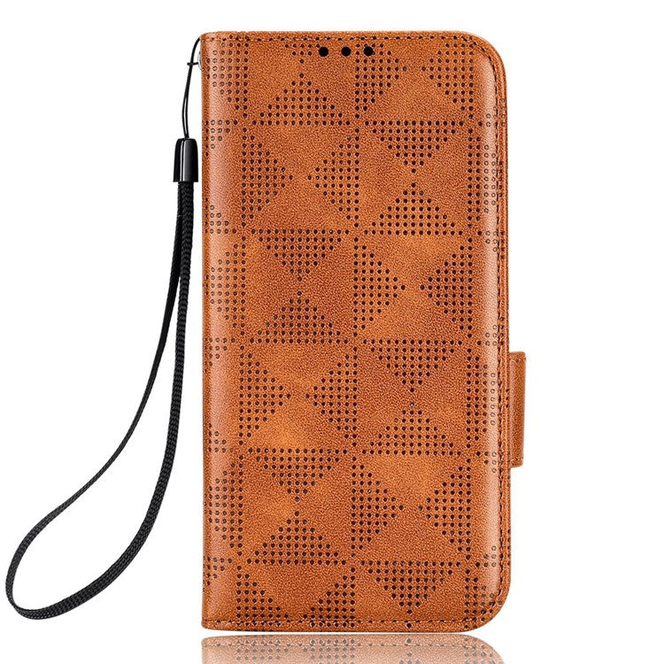 For iPhone 14 6.1 inch Triangle Pattern Imprinted Case, Wallet Viewing Stand Design Book Style PU Leather Phone Cover with Strap - Brown