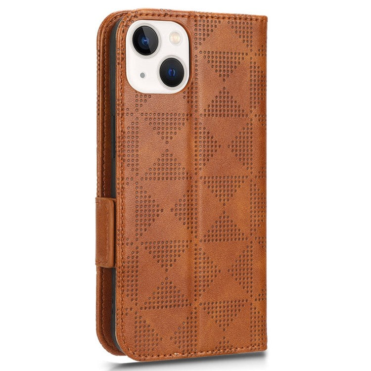 For iPhone 14 6.1 inch Triangle Pattern Imprinted Case, Wallet Viewing Stand Design Book Style PU Leather Phone Cover with Strap - Brown