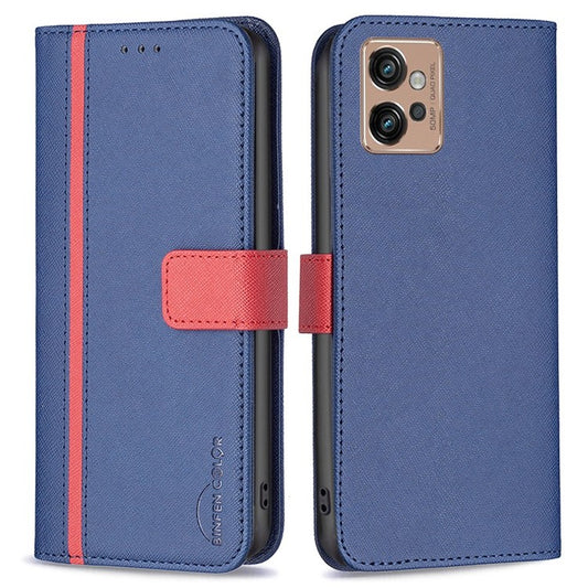 BINFEN COLOR for Motorola Moto G32 4G Leather Case Cross Texture Color Splicing Phone Wallet Stand Cover - Blue