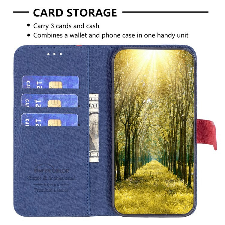BINFEN COLOR for Motorola Moto G32 4G Leather Case Cross Texture Color Splicing Phone Wallet Stand Cover - Blue