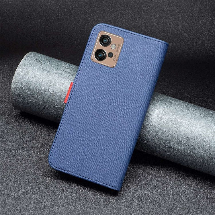 BINFEN COLOR for Motorola Moto G32 4G Leather Case Cross Texture Color Splicing Phone Wallet Stand Cover - Blue