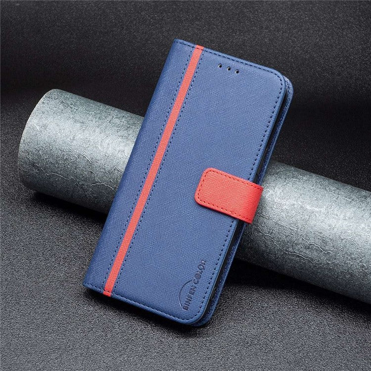 BINFEN COLOR for Motorola Moto G32 4G Leather Case Cross Texture Color Splicing Phone Wallet Stand Cover - Blue