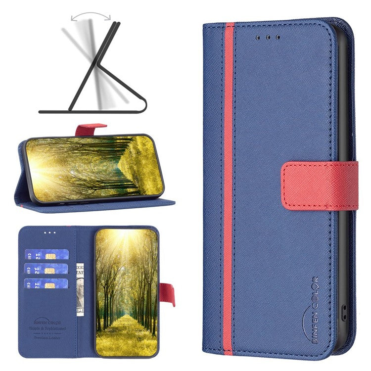 BINFEN COLOR for Motorola Moto G32 4G Leather Case Cross Texture Color Splicing Phone Wallet Stand Cover - Blue