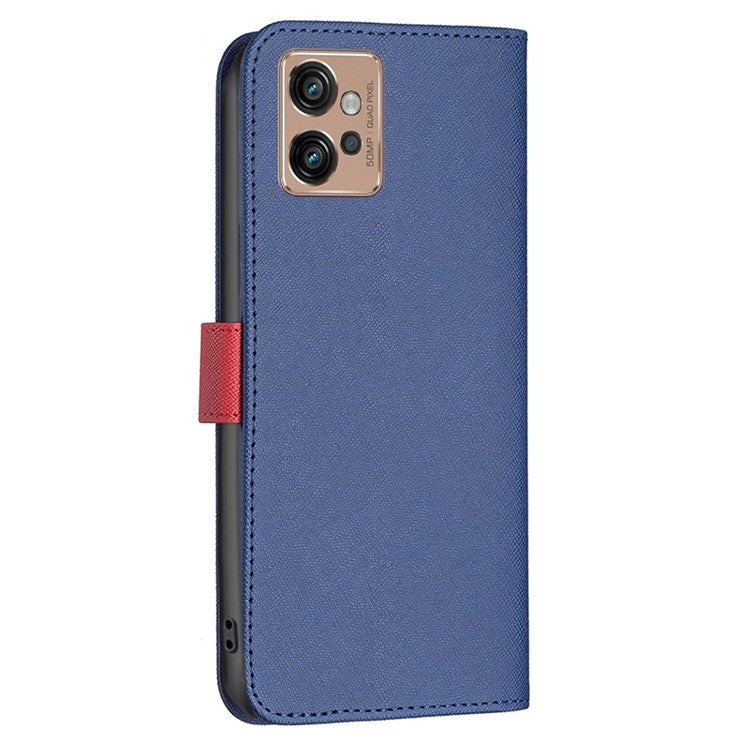 BINFEN COLOR for Motorola Moto G32 4G Leather Case Cross Texture Color Splicing Phone Wallet Stand Cover - Blue