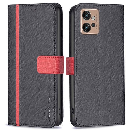 BINFEN COLOR for Motorola Moto G32 4G Leather Case Cross Texture Color Splicing Phone Wallet Stand Cover - Black