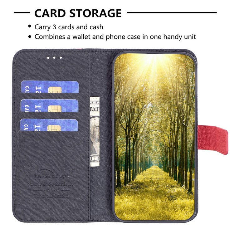 BINFEN COLOR for Motorola Moto G32 4G Leather Case Cross Texture Color Splicing Phone Wallet Stand Cover - Black