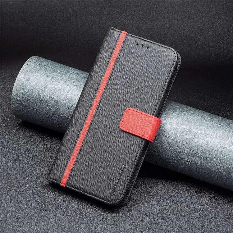 BINFEN COLOR for Motorola Moto G32 4G Leather Case Cross Texture Color Splicing Phone Wallet Stand Cover - Black