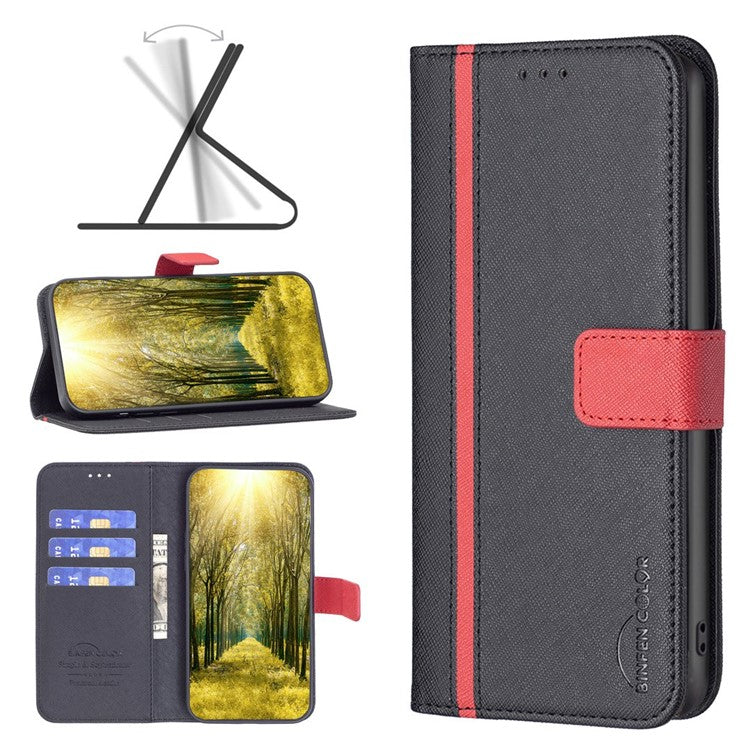 BINFEN COLOR for Motorola Moto G32 4G Leather Case Cross Texture Color Splicing Phone Wallet Stand Cover - Black