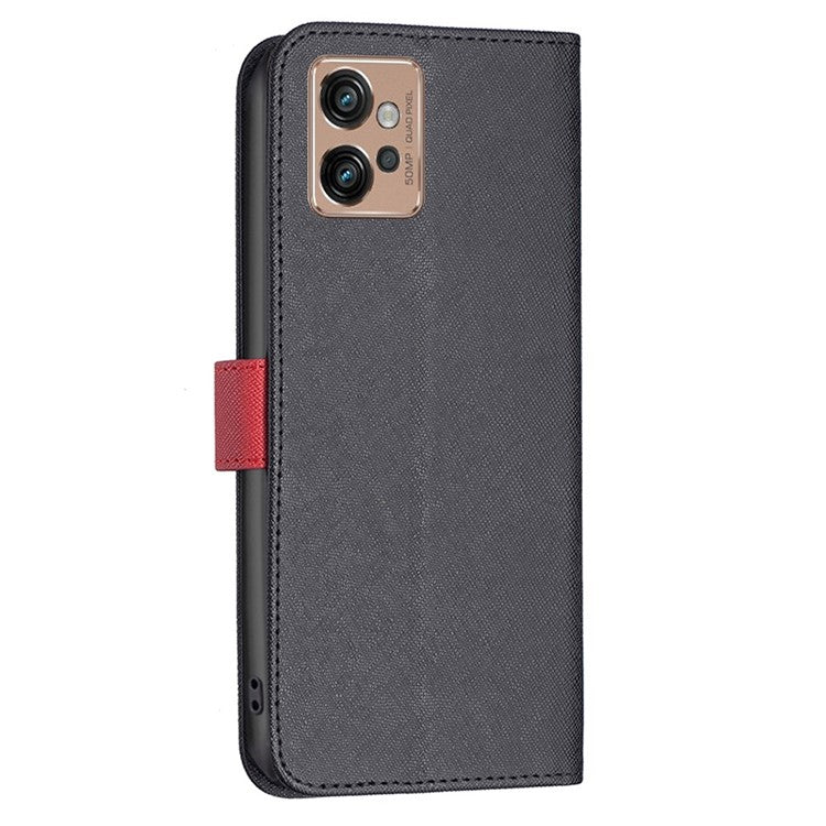 BINFEN COLOR for Motorola Moto G32 4G Leather Case Cross Texture Color Splicing Phone Wallet Stand Cover - Black